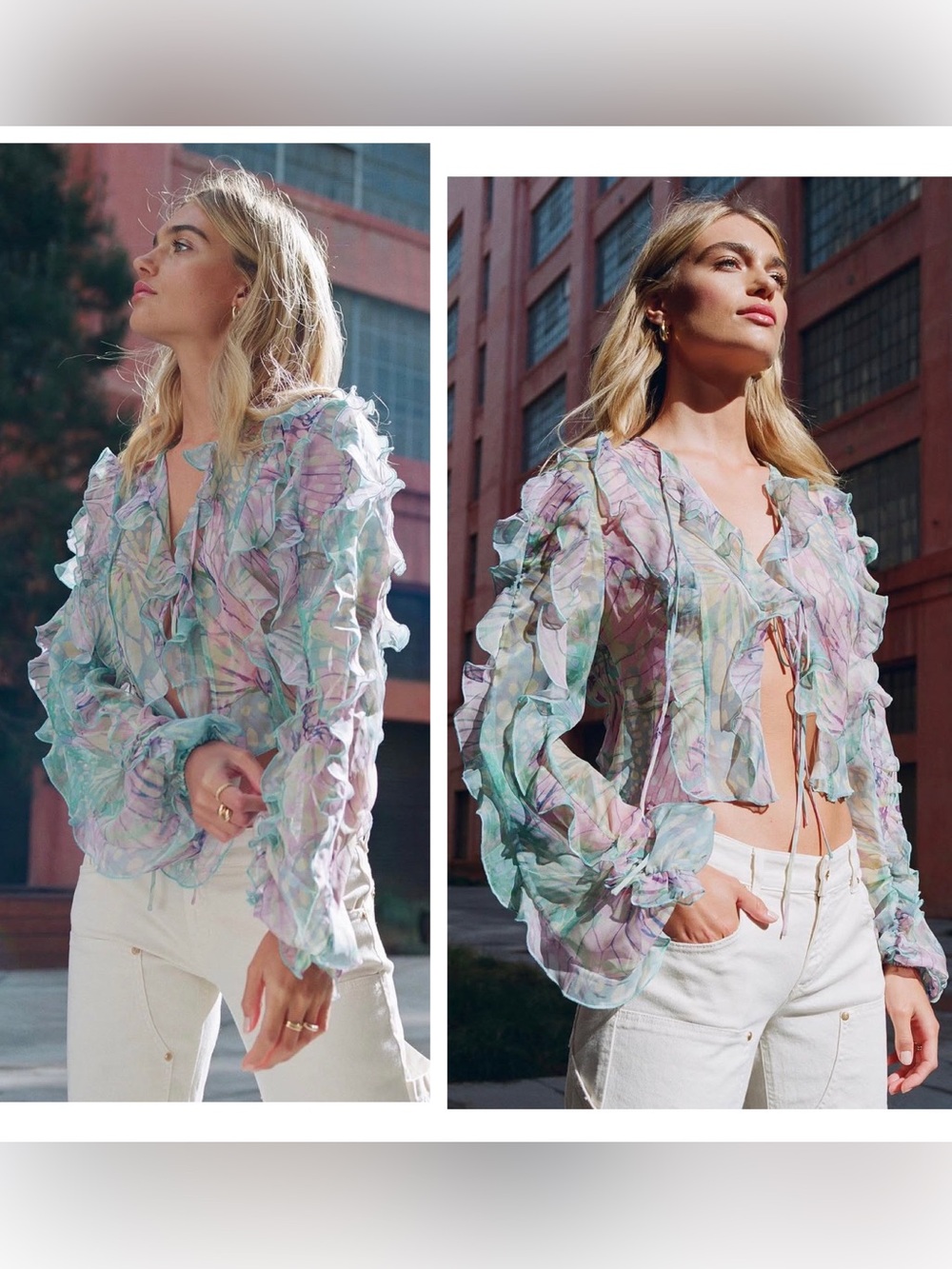 LPA Daniella sheer ruffle tie front blouse butterfly fairy whimsical ethereal L
